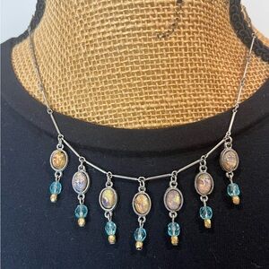 David Aubrey Handmade Beaded Iridescent Oval Drop Charm Necklace Boho